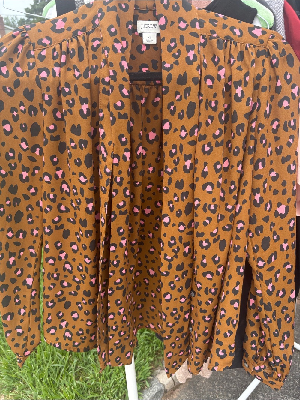 J. Crew Brown Leopard-Print Open Front Jacket with Pink Spots